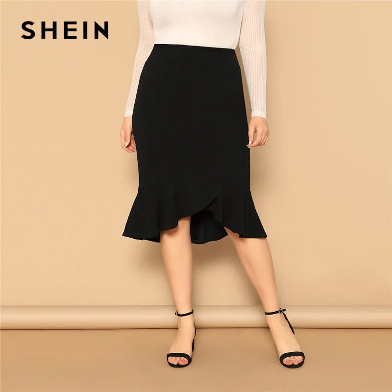 Comprar SHEIN de talla grande volantes asimétricos dobladillo negro ajustado falda Oficina señora elegante sólido hasta la rodilla FIN DE SEMANA Casual faldas lápiz