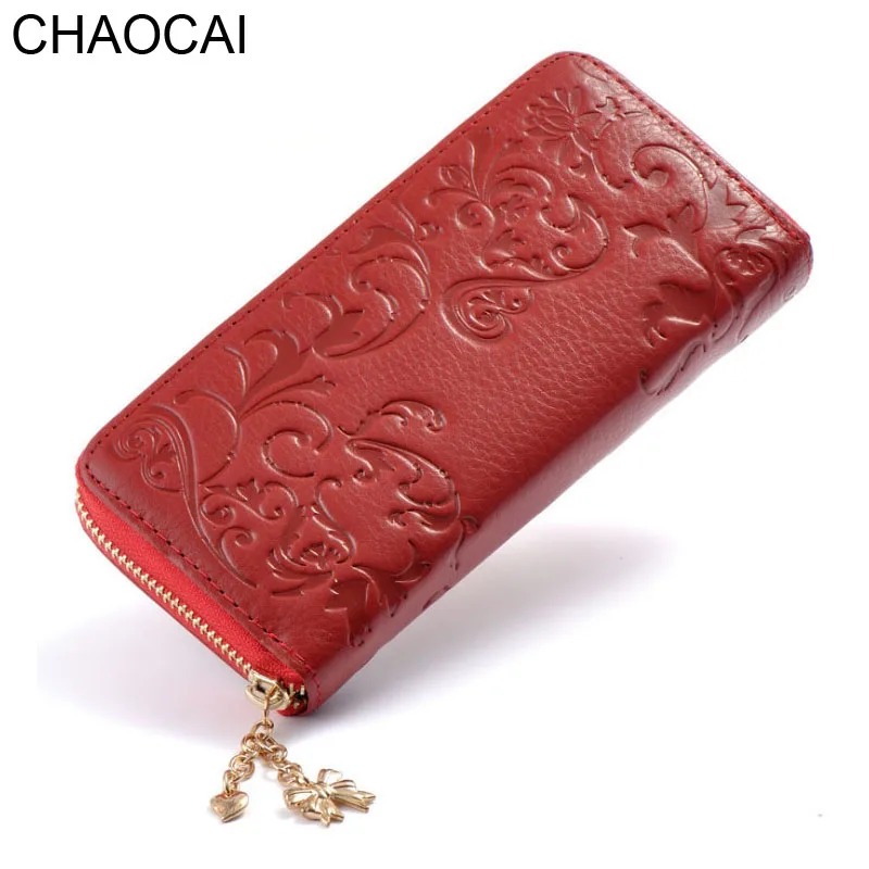 Fashion Women wallets Genuine Leather Long Purse Flower Embossing Female Zipper Wallet Money
