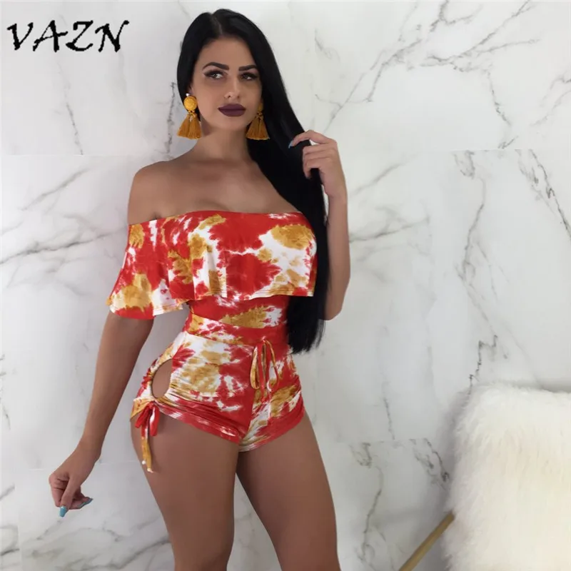 VAZN 2018 Лидер продаж модный топ Дизайн пикантные пляжные Стиль Для женщин Playsuit печати рюшами Slash шеи короткий рукав Bodycon Ползунки U7012