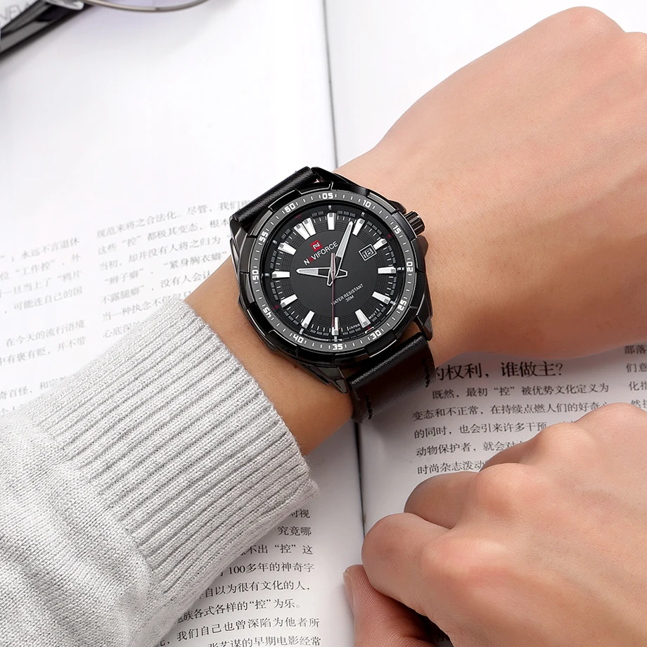 NAVIFORCE Quartz Men Watches Leather Strap Analog Fashion Casual Date Watch Men Military Waterproof