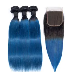 T1B/синий Цветной волос Комплект s с закрытием Реми бразильские прямые волосы Комплект с закрытием кружева пучки волос "омбре" с закрытием