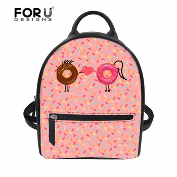 

FORUDESIGNS Pink Girls Backpack Fashion Sweet Doughnut Printed Casual Women Backpack Pu Leather Small Bagpack Bag for Female Bag