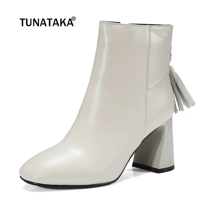 

Female Genuine Leather Hoof Heels Ankle Boots Fashion Zipper Round Toe Fringe Fall Winter Women Bootie Black Beige