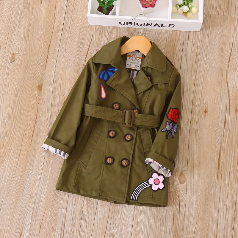 AiLe Rabbit/Новинка, осенняя Длинная ветровка с вышивкой для девочек в европейском и американском стиле, пальто для девочек k1 - Цвет: Армейский зеленый