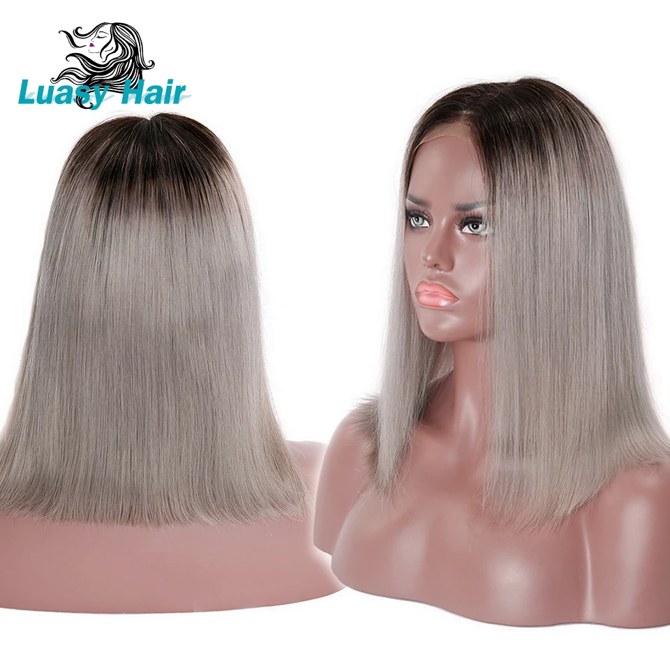 

Luasy 1B Grey Dark Root Blonde Short Lace Front Bob Human Hair Wig With Baby Hair Brazilian Remy Ombre Bob Wig For Black Women