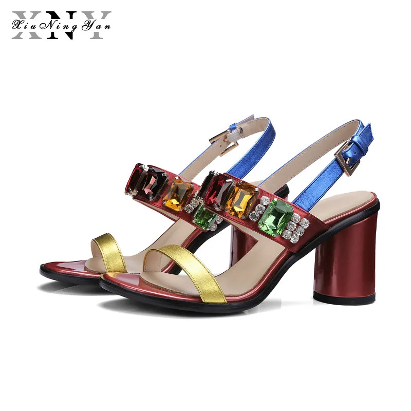

XiuNingYan Women Sandals 2019 New Fashion Genuine Leather Red Rhinestone Gladiator Summer Sandals Shoes Woman Dress Party Shoes