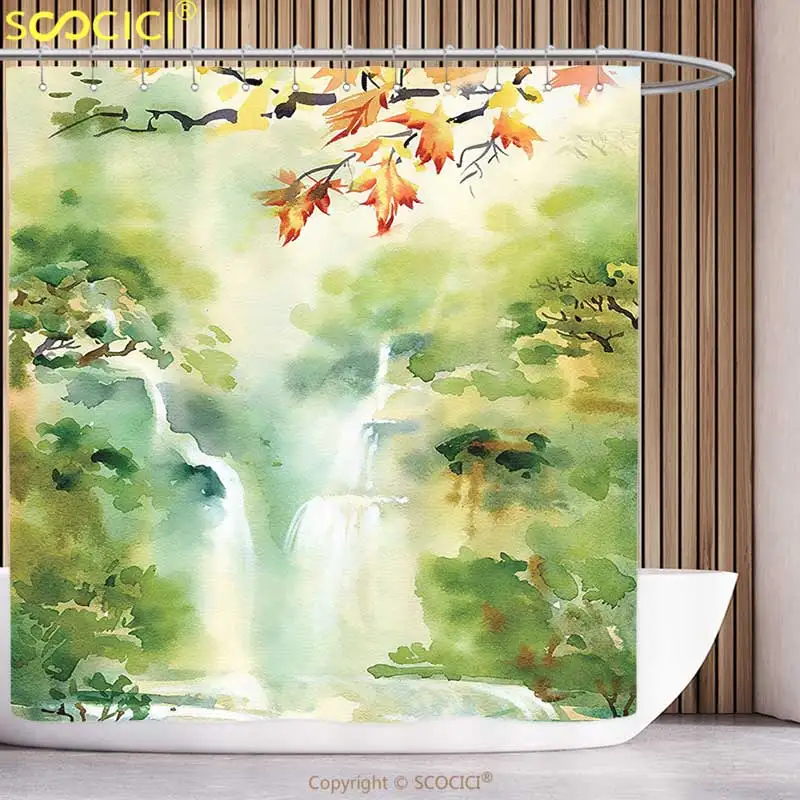 

Polyester Shower Curtain Natural Waterfall Decor Collection Watercolor Illustration of Asian Falls and Mountain in Paradise