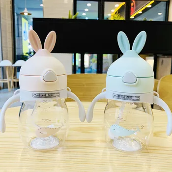 

320ml Plastic Water Bottle with Straw Drink Bottle With Rope Creative Cartoon Rabbit Sport Drinking Bottles Gifts for Kids