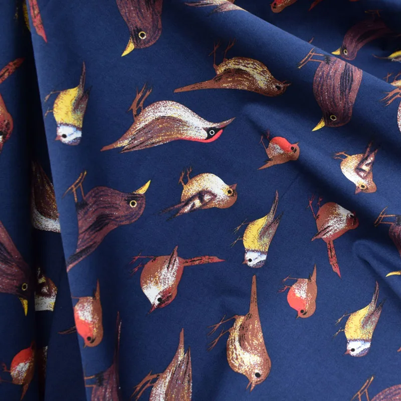 Ткань хлопчатобумажная стрейчевая для платья с принтом птиц|stretch poplin fabric|fabric for