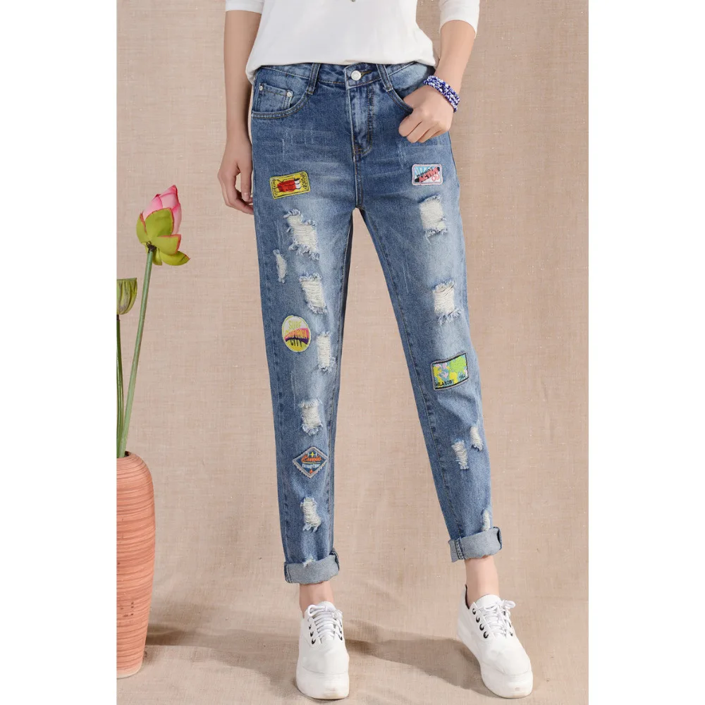 Fashion 2016 Hole Riped Cloth Sticking High Waist Jeans Women Denim ...