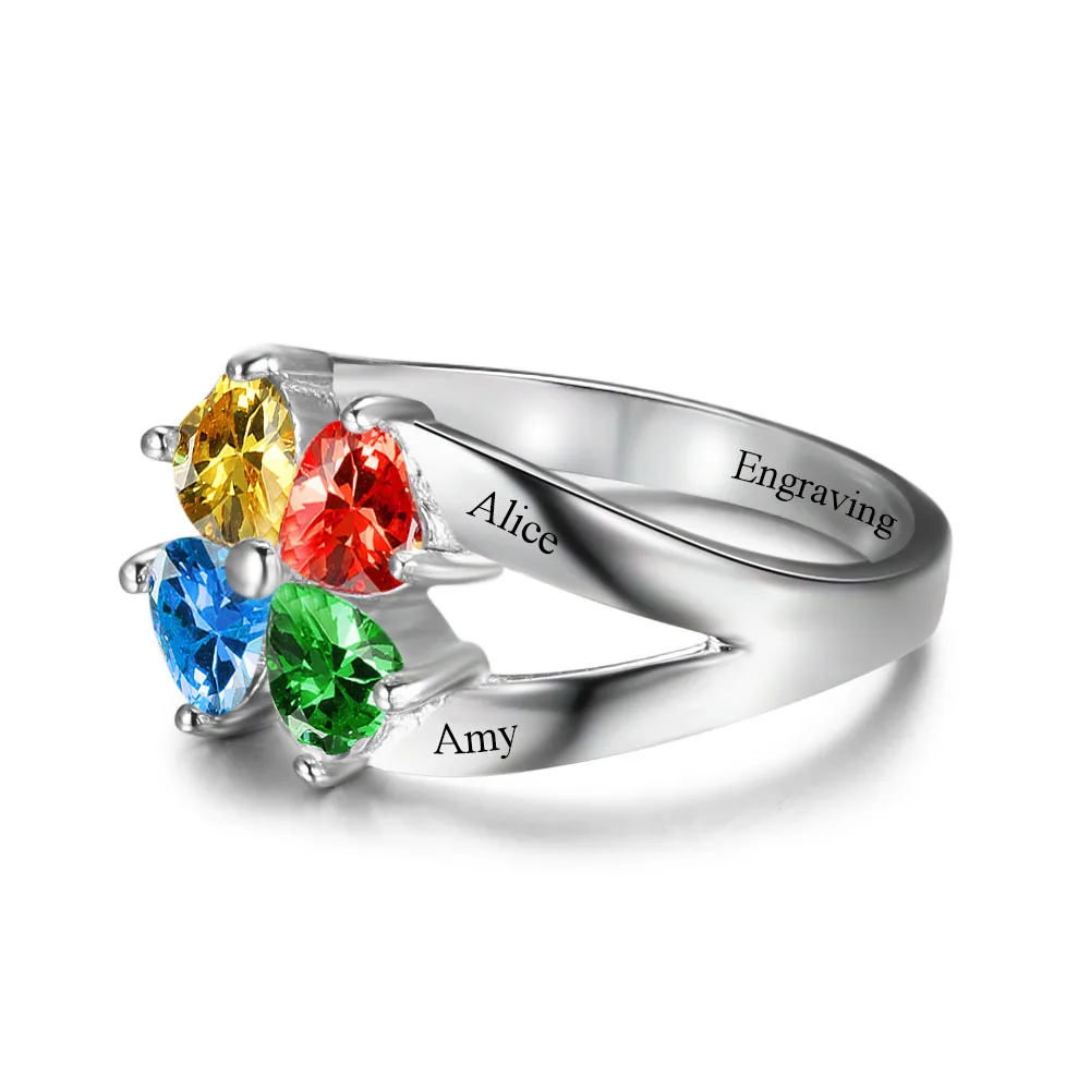 Anniversary Family Ring Engrave Name Custom 4 Birthstone Ring 925 Sterling Silver Heart Rings Gift For Mom (JewelOra RI102501)