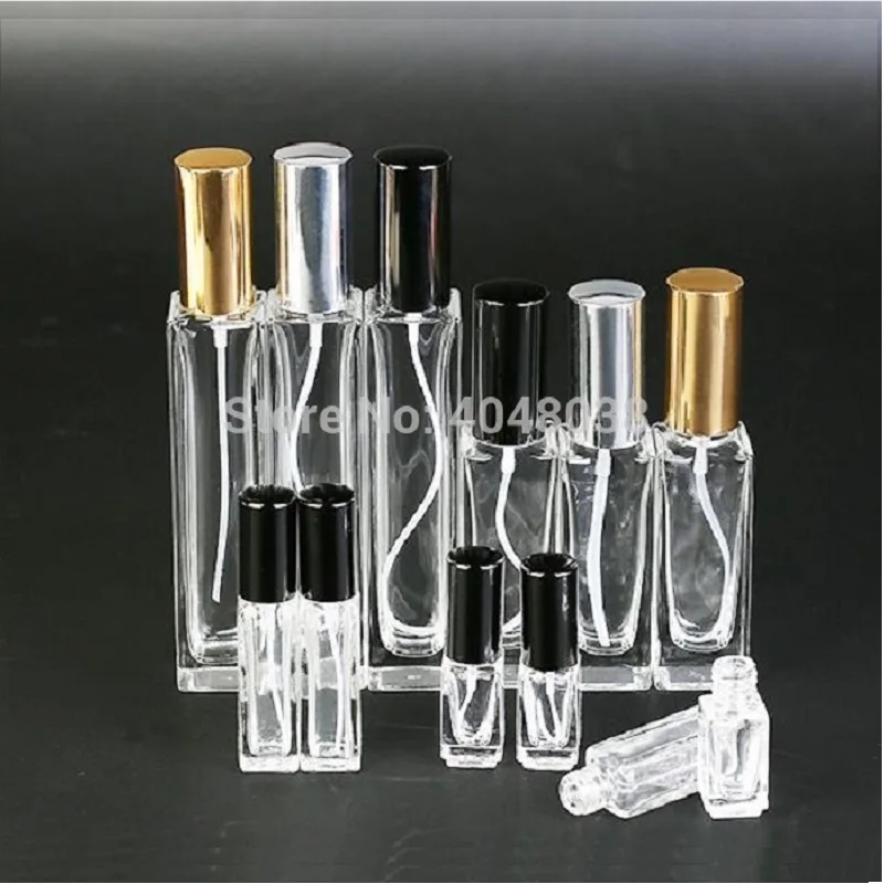 

Square Glass Spray Bottle Refillable Perfume Atomizer Empty Clear Glass Parfum Bottles Gold Black Silver Cap 3/10/30/50/100ml