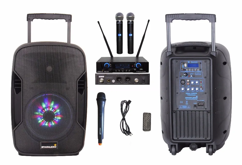 

STARAUDIO 1500W 10" BT USB SD MP3 Stage Club Recharge Battery Speaker PA DJ Pro Active W/ LED RGB Lighting 2CH UHF Mic SBM-10RGB
