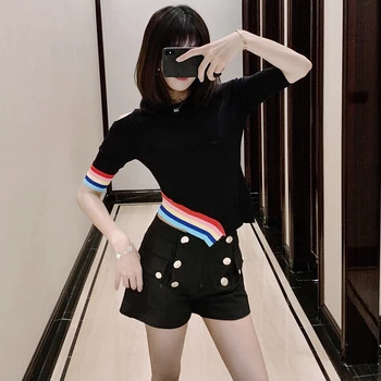 

Knit Sweater Women Asymmetric Design Half Sleeve Rainbow Stripe Stitching O-Neck Casual Female Cute Sweater Pullover