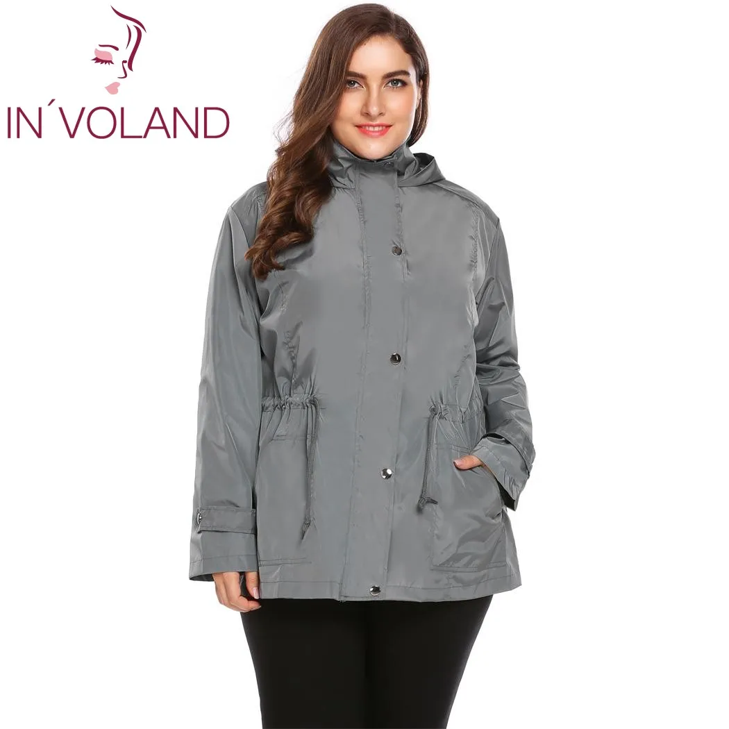 

IN'VOLAND Big Size L-4XL Women Rain Jacket Autumn Winter Coat Hooded Long Sleeve Solid Hooded Large Overcoat Big Size