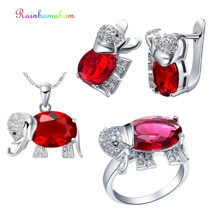 

Rainbamabom Bohemian 925 Sterling Silver Ruby Gemstone Elephant Animal Earrings Ring Necklace Women Jewelry Set Gift Wholesale