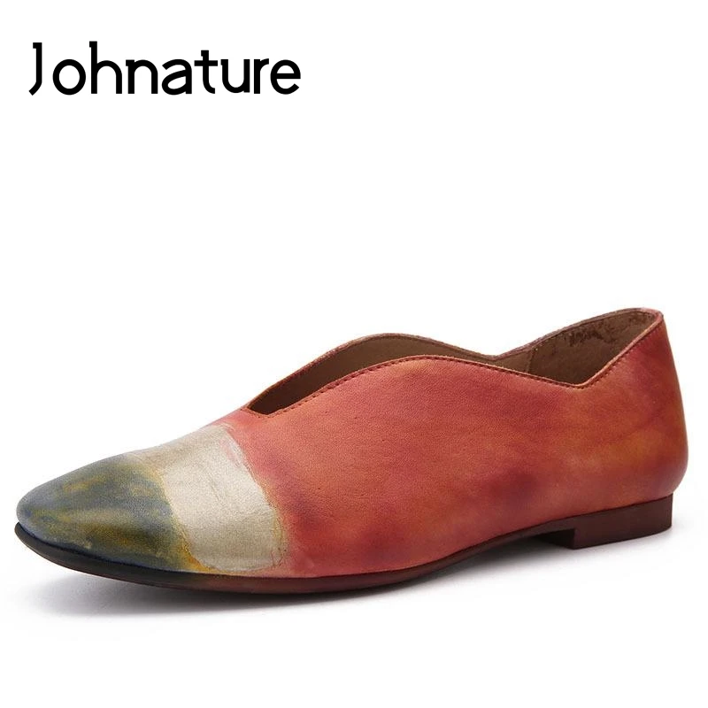 

Johnature 2019 New Spring/Summer Retro Square Toe Mixed Colors Slip-on Genuine Leather Casual Flat Women Shoes Loafers