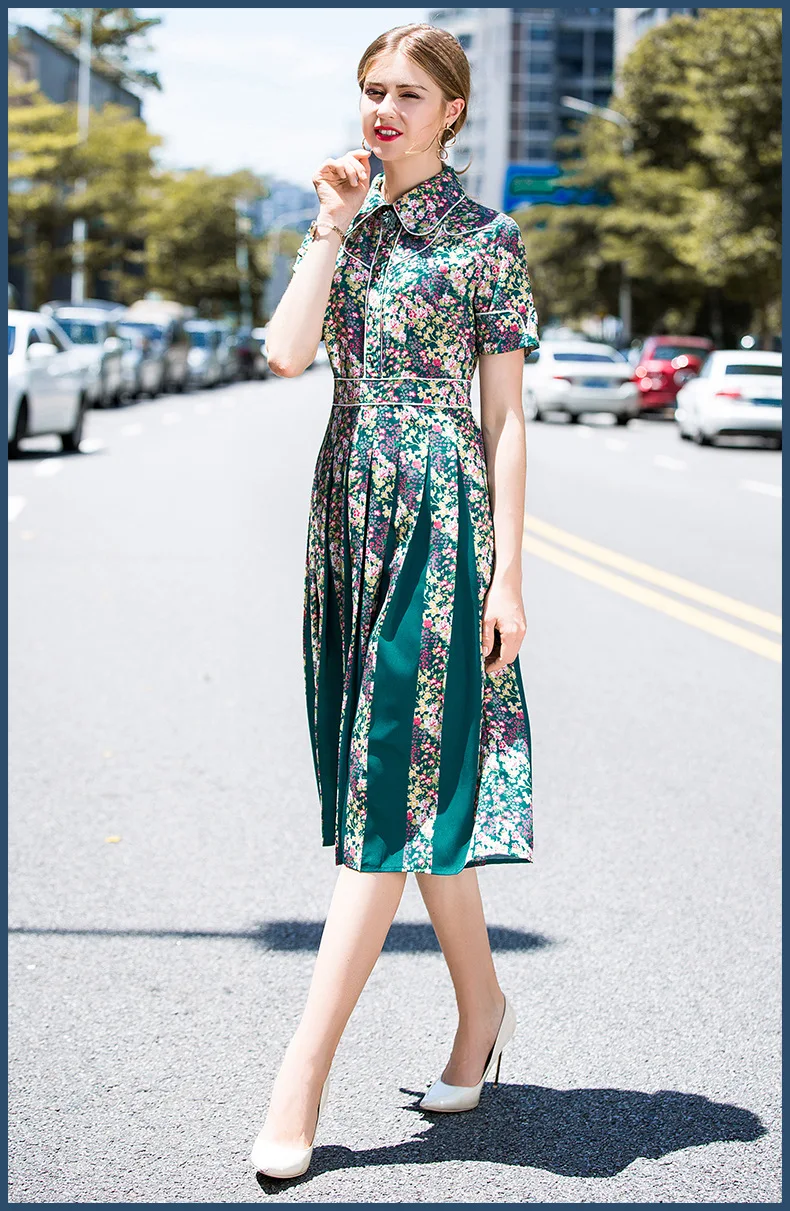 2019 Spring Summer Women short Sleeve Floral Print Elegant Casual Dresses Vestidos Robe Femme floral lapel print pleated Dress (13)