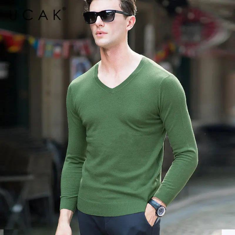 UCAK Brand Sweater Men Classic Casual V-Neck Pull Homme Pure Merino Wool Pullover Men Autumn Winter Soft Cashmere Sweaters U3005