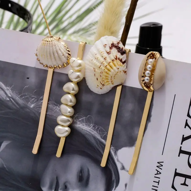 

4Pcs/Set Ocean Style Metal Alloy One Word Hairpin Women Girl Summer Sea Shell Imitation Pearl Hair Clip Jewelry Beaded Barrettes