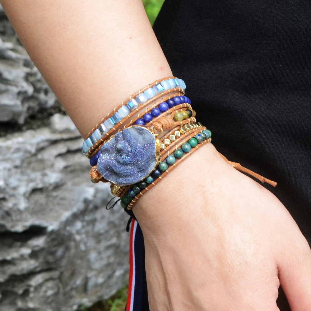 Синий Галактический Кристалл ручной работы браслеты в стиле бохо богемный натуральный камень обертывание браслет 5 нитей женские кожаные браслеты Прямая поставка