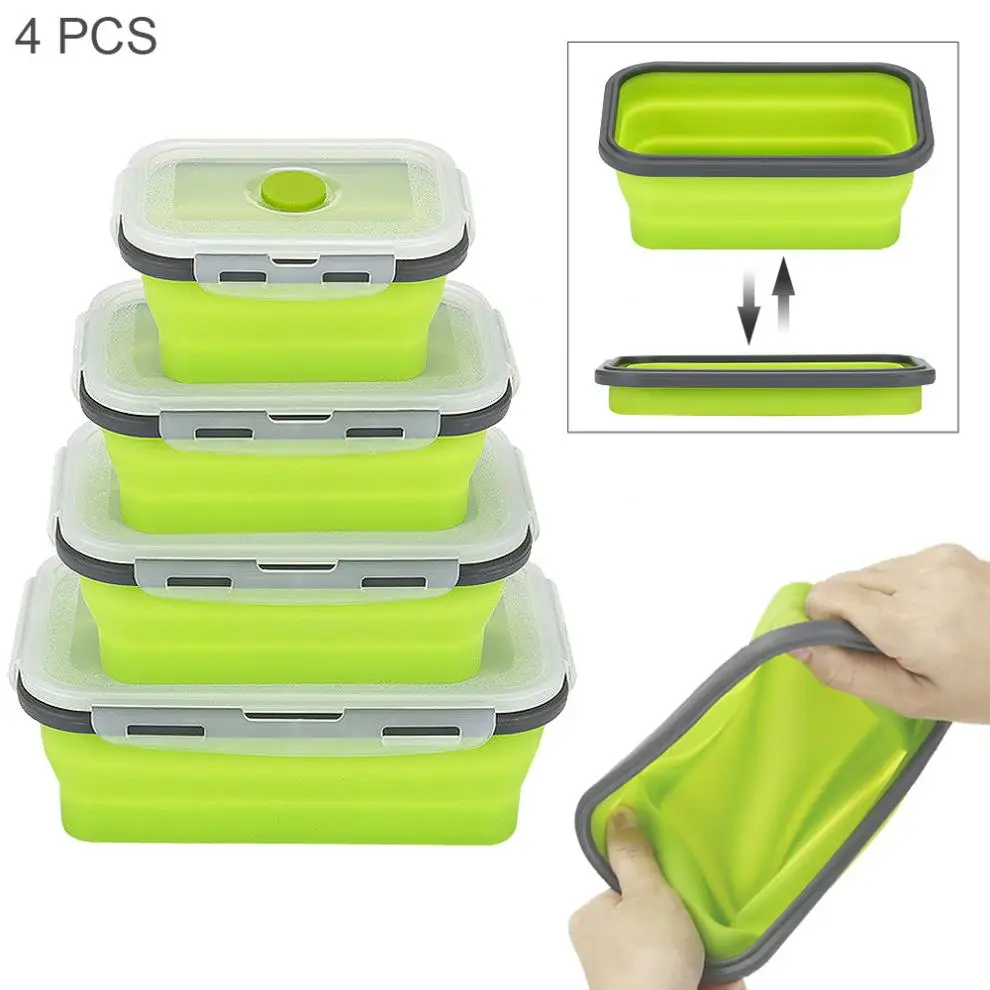 

4pcs Portable Rectangle Silicone Scalable Folding Lunchbox Bento Box with Silicone Sealing Plug for - 40 Degrees ~ 230 Degrees