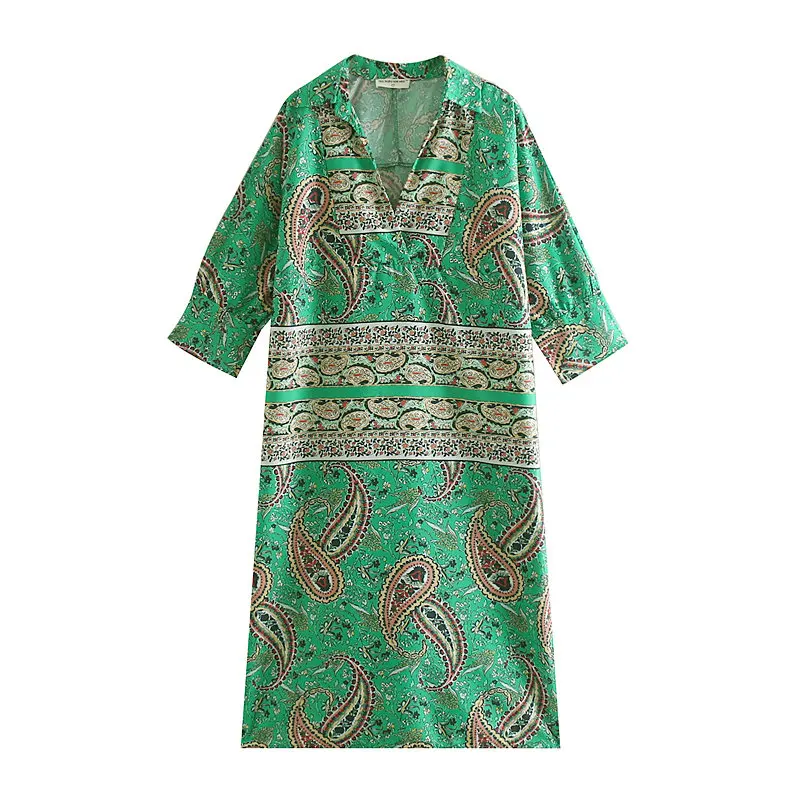 

2019 women vintage v neck paisley flower print casual loose dress three quarter sleeve sashes vestidos party chic dresses DS2191