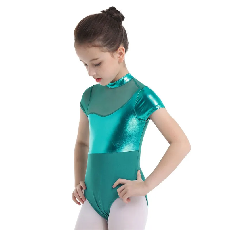 Детская одежда для девочек с короткими рукавами, с имитацией шеи, блестящая металлическая сетка, с вырезом на спине, для балета, гимнастического танца, трико-комбинезон, Одежда для танцев