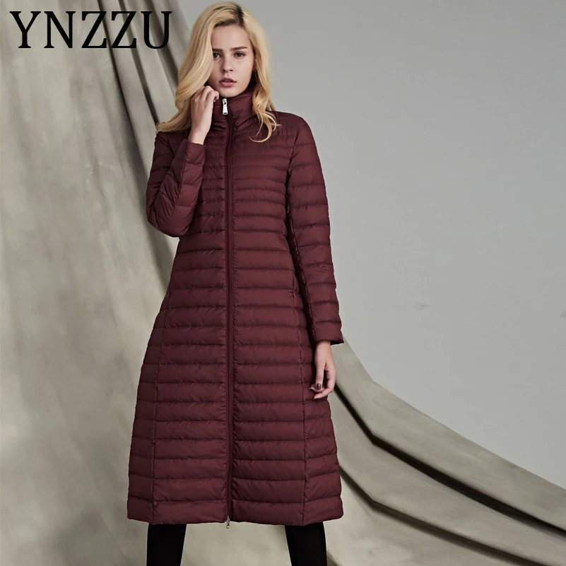 

YNZZU Elegant Ultra Light Long 90% White Goose Down Jacket 2019 Autumn New Solid Stand Collar Zipper Warm Winter Outwears A1041