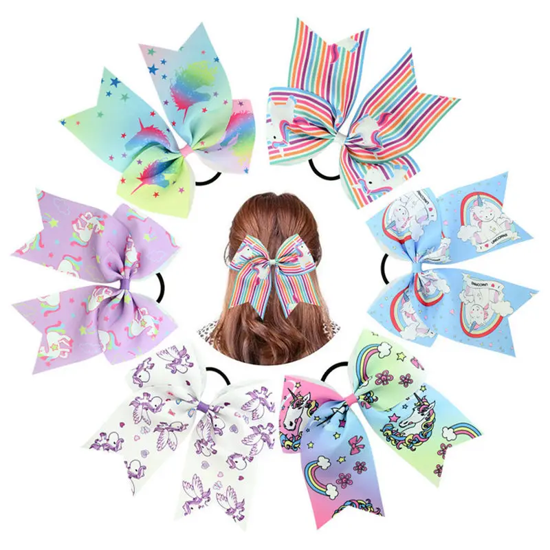 

7 Inch Large Unicorn Hair Bow Hairpin Hair Rope Kids Girls Elastic Unicorn Hair Bands Ribbon Bow Hair Rope Ponytail Headband