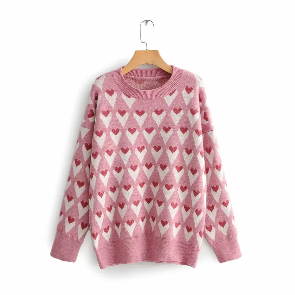 2019 осенняя и зимняя одежда женская новая ленивая ветер круглый вырез любовь жаккардовый пуловер, свитер женские розовые свитеры