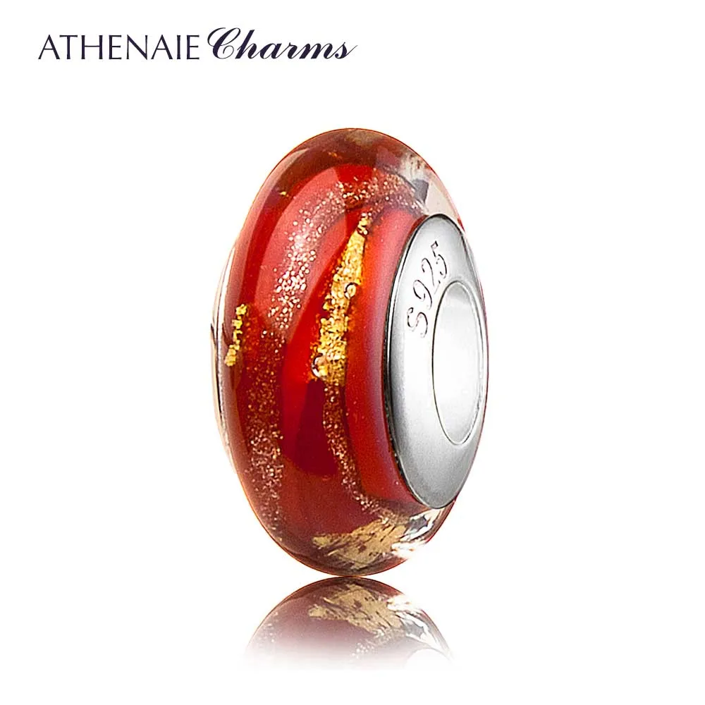 ATHENAIE, настоящее муранское стекло, 925 серебро, сердечник, горячее предложение, 18 К, золото Foill, подвески, бусины, подходят для всех европейских браслетов и ожерелий - Цвет: Red Gold Foil Bead