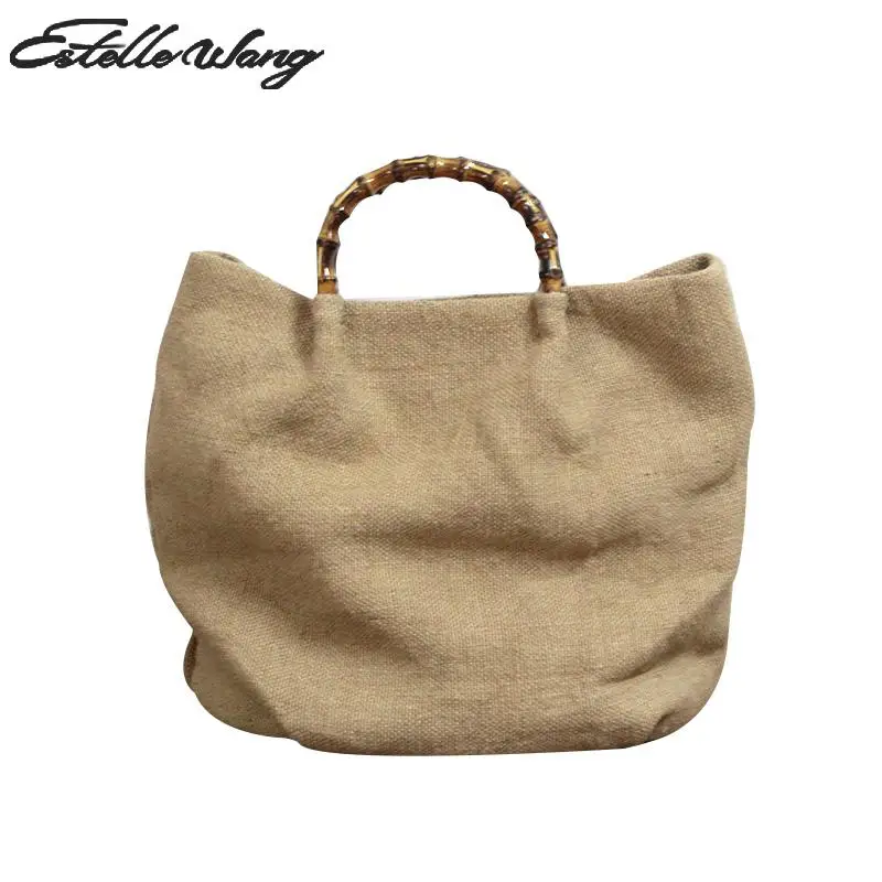 

Women Retro Cotton Linen Simple Bags Leisure Ladies Single Handbag Pure-color National Bamboo Hand Crossbody Bag