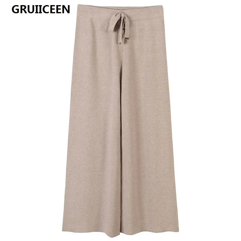 Gruiiceen новый бренд повседневные свободные штаны вязаные высокие штаны с эластичной резинкой на талии брюки Элегантные Осенние прямые брюки