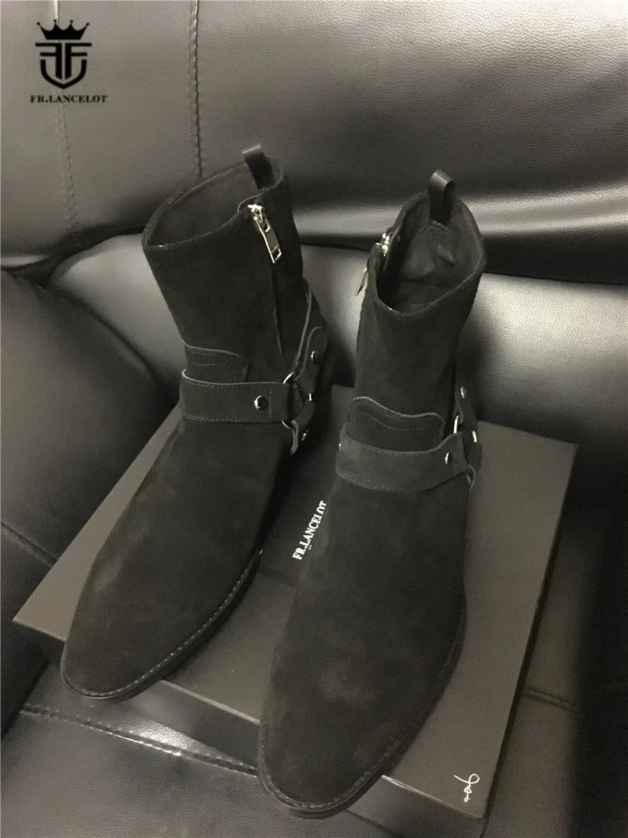Реальное изображение; высокое качество; роскошные ботинки с ремешком на щиколотке; черные замшевые ботинки Kanyewest на танкетке из натуральной кожи; мужские ботинки «Челси»; очаровательные зимние ботинки
