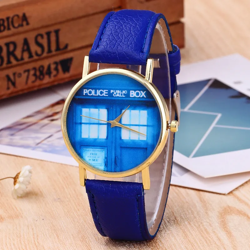 

Watch Female Clock PU Leather Band Blue door window Pattern Analog Quartz Wrist Watches Creative Relogio Feminino