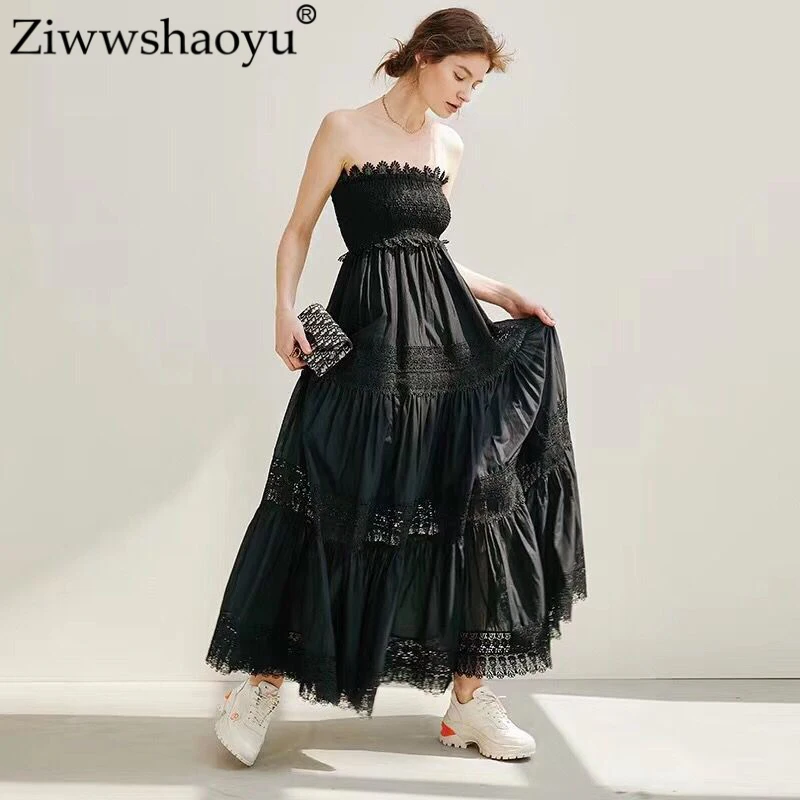 

Ziwwshaoyu elastic force Strapless Long dresses Lace Patchwork Elegant Party Big pendulum dress Spring and summer new women's