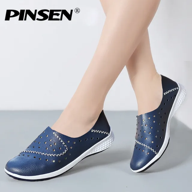 PINSEN 2018 Genuine Leather Moccasins Shoes Woman Solid Slip On Boat Shoes for Women Flats Shoes Loafers chaussure femme slipony