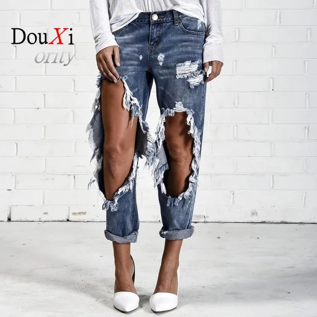 Douxiority Femme Vintage Holes Ripped Jeans Women Scratched Douxiority Femme Vintage Holes Ripped Jeans Women Scratched Beggars Loose Denim Trousers Boyfriend Mujer