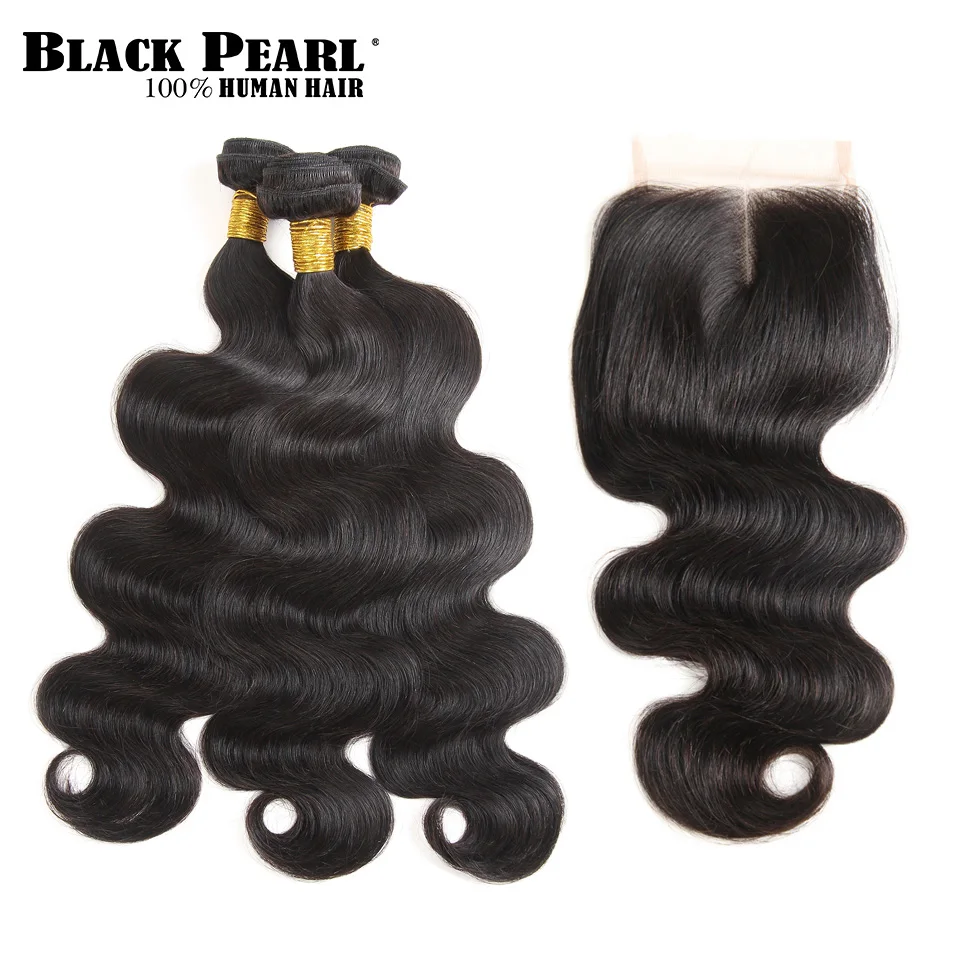 Black Pearl Pre-Colored Remy Human Hair bundles with Closure Body Wave Brazilian Hair Weave 3 Bundles 4x4 Lace Closure 1 Pack brazilian-body-wave-closure