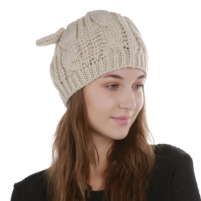 

Lovely Jacquard 8 Word Twist Cat Ears Caps For Women Cap Winter Beanies Warm Wool Skullies knitted Girls Sweet Cute Hats X1