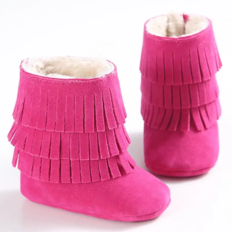 Теплые мокасины для маленьких девочек и мальчиков; сезон осень-зима; обувь с бахромой для новорожденных; нескользящие ботинки на мягкой подошве для малышей; QF - Цвет: Rose