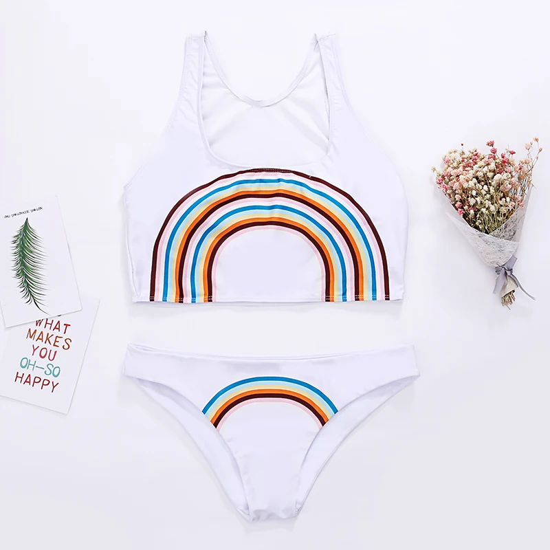 

Summer Sexy Bikinis Scoop Neck Sleeveless Padded Rainbow Print Swimwear Elastic Mid Waist Women Bikini Set 2019 New