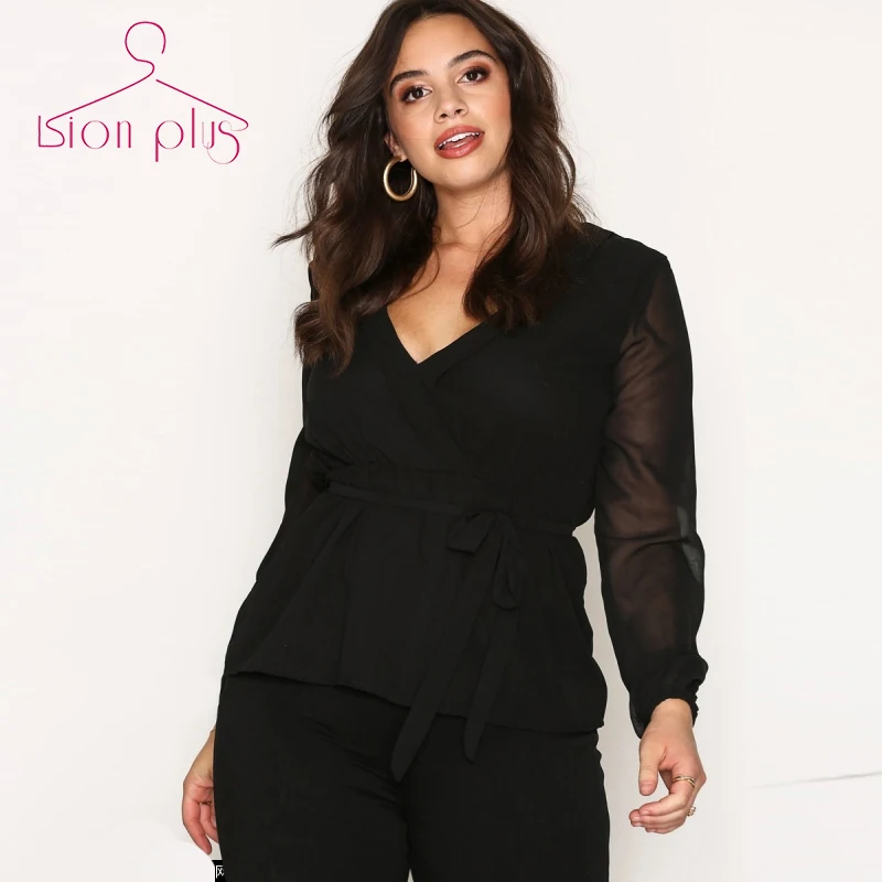Шифоновая Блузка для офисной леди 5xl 6xl 7xl 2018 весенние женские блузки с поясом
