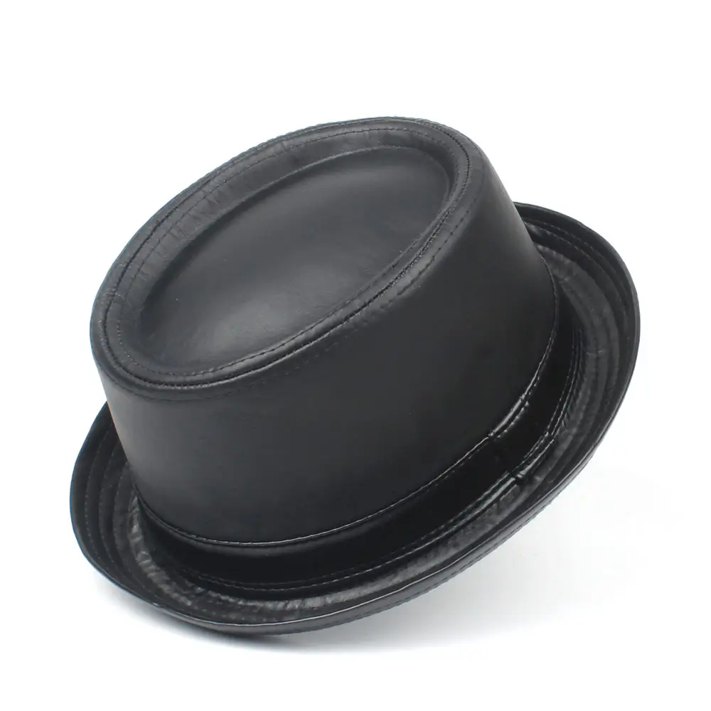 

100% Leather Men Balck Pork Pie Hat For Dad Fedora Hat Fasgion Gentleman Flat Bowler Porkpie Top Hat Size S M L XL