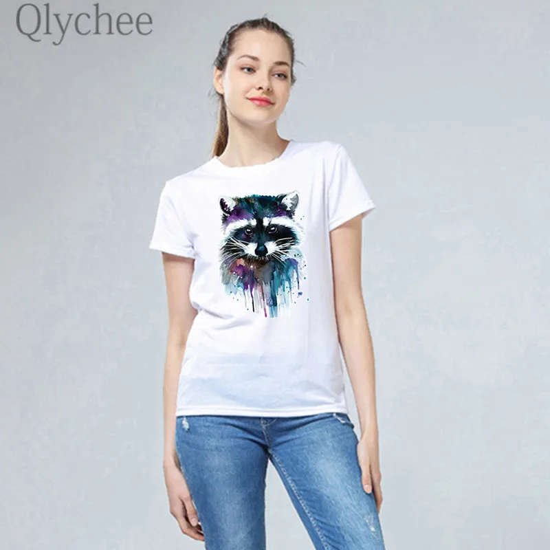 Qlychee классные женские футболки с рисунком кота енота коротким рукавом и вырезом
