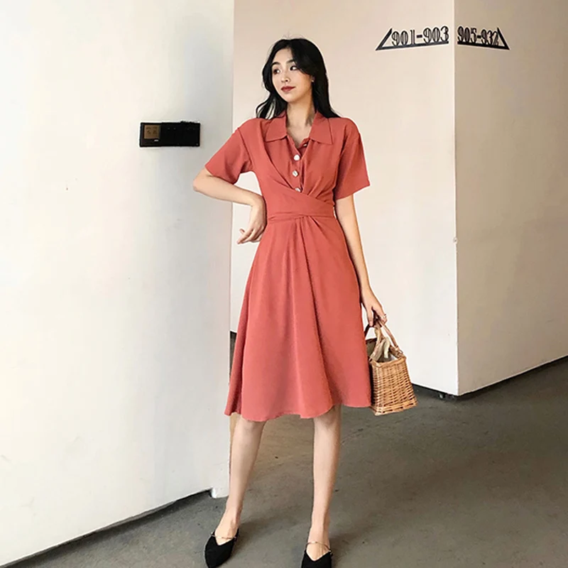 

Summer Women Vintage Knee-Length Dress Button Empire Hight Waist Party Dress Turn-down Collar A-Line Vestidos Cute Clothing
