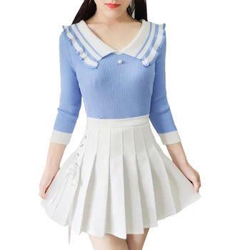 

autumn women long sleeve sweater top new fashion suits short pleated skirt woman knitwear two-piece outfit girl vestido S M L