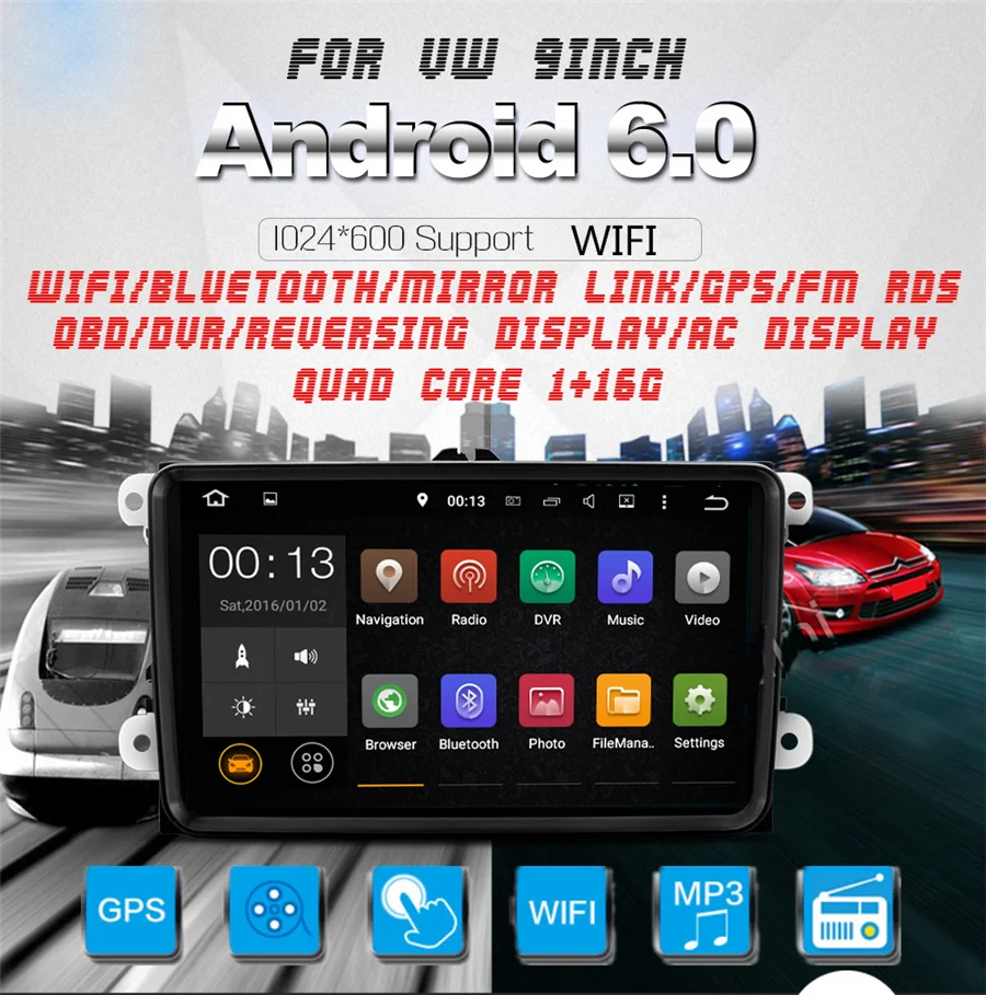 9 дюймов четырехъядерный 1+ 16 ГБ Android 6,0 2 Din Автомобильный MP5 для VW wifi/Bluetooth/Mirror Link/gps NAV/DVR/FM RDS/Реверсивный AC Дисплей