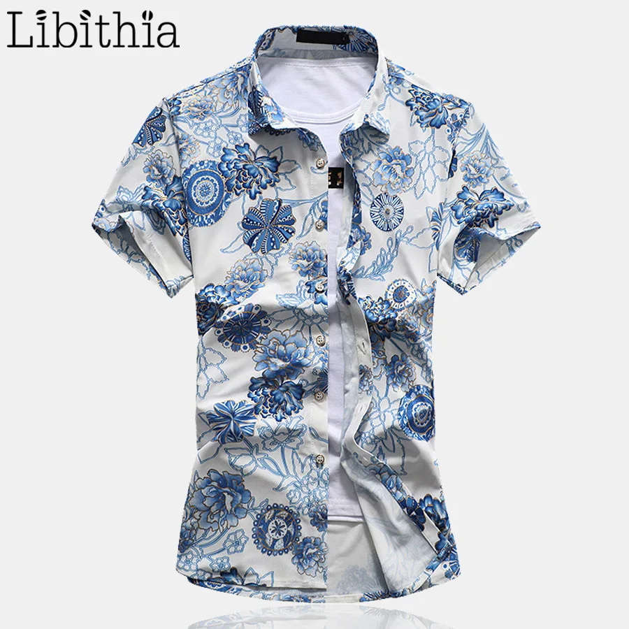 Men Short Sleeve Dress Shirts Maple Leaf And Floral Print Big Size M